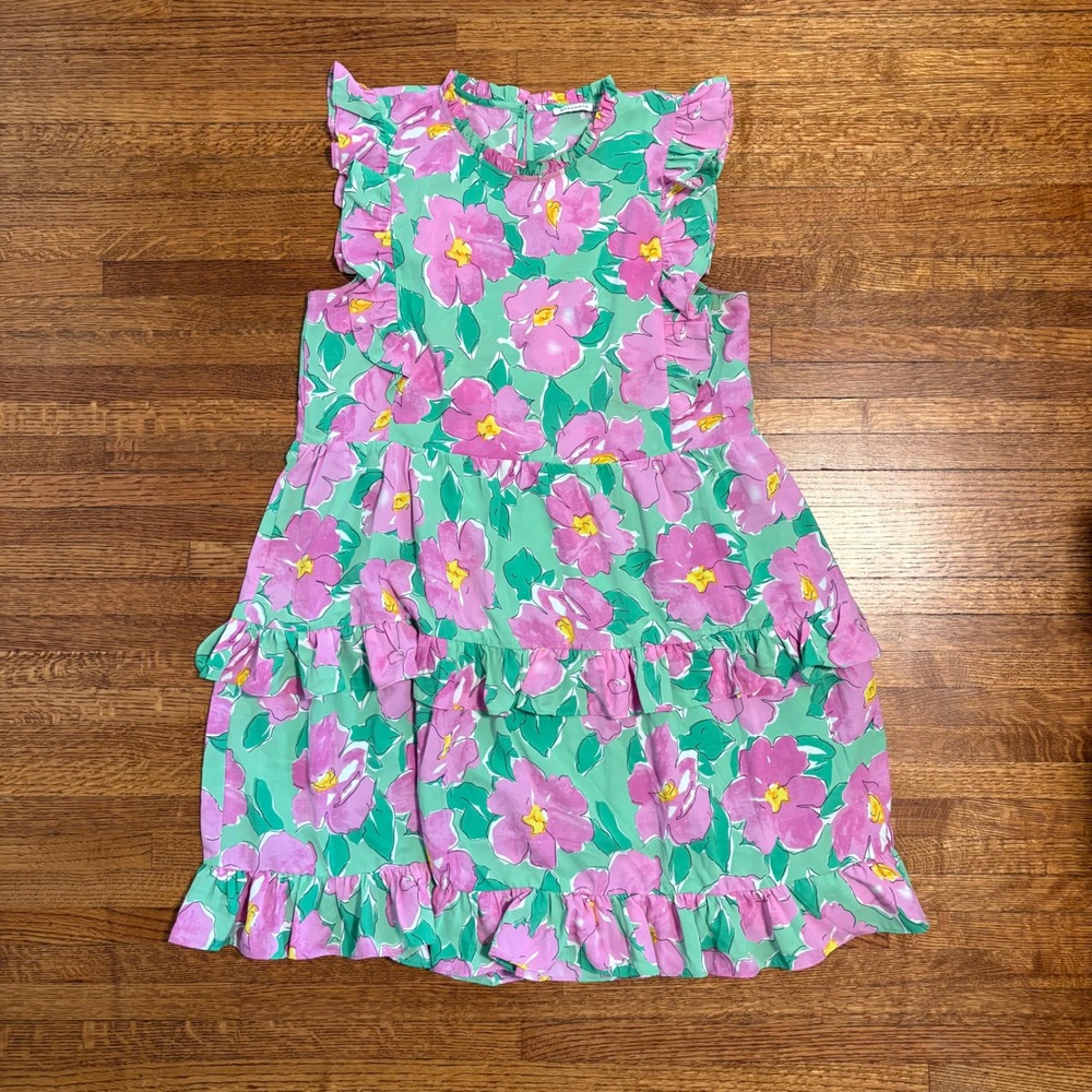 Staccato Dress Womens L Green Pink Floral Ruffle Tiered Sleeveless Casual - Picture 5 of 8